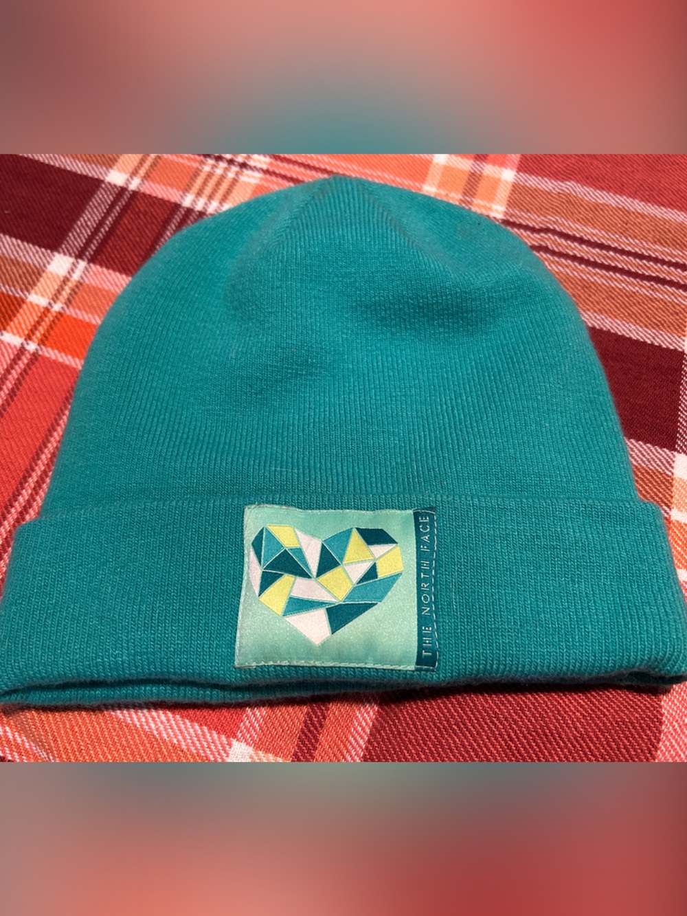 The North Face Teal Kids Knit Beanie with Geometric Heart Patch